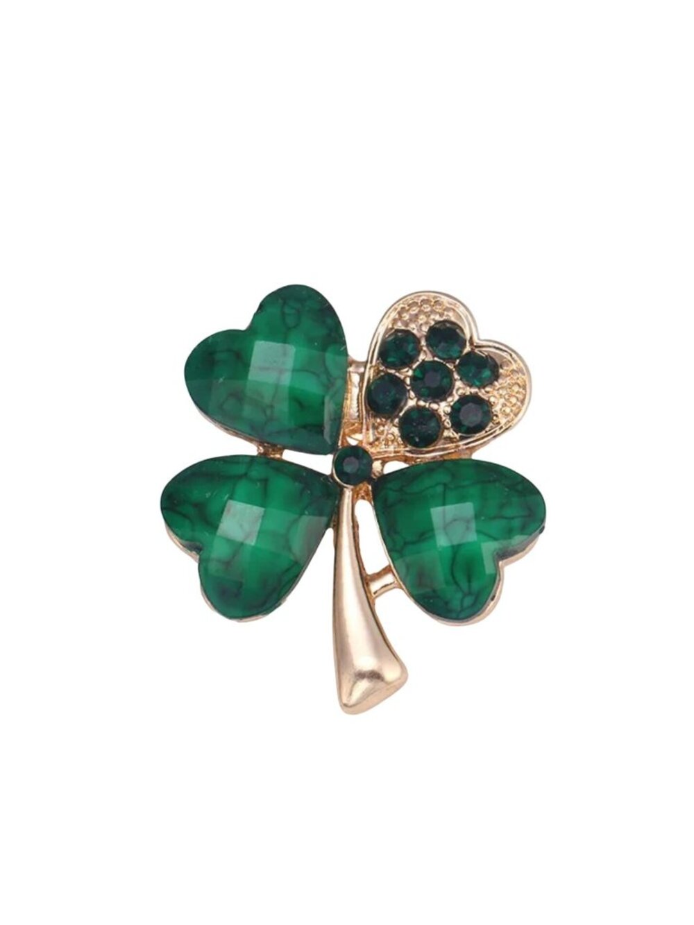 Lucky Four Leaf Clover Lapel Pin with Crystals Gold Tone